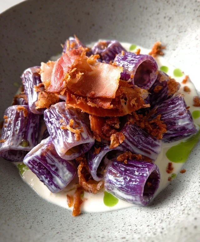 Mezze maniche con cavolo cappuccio viola, crema di pecorino e speck croccante