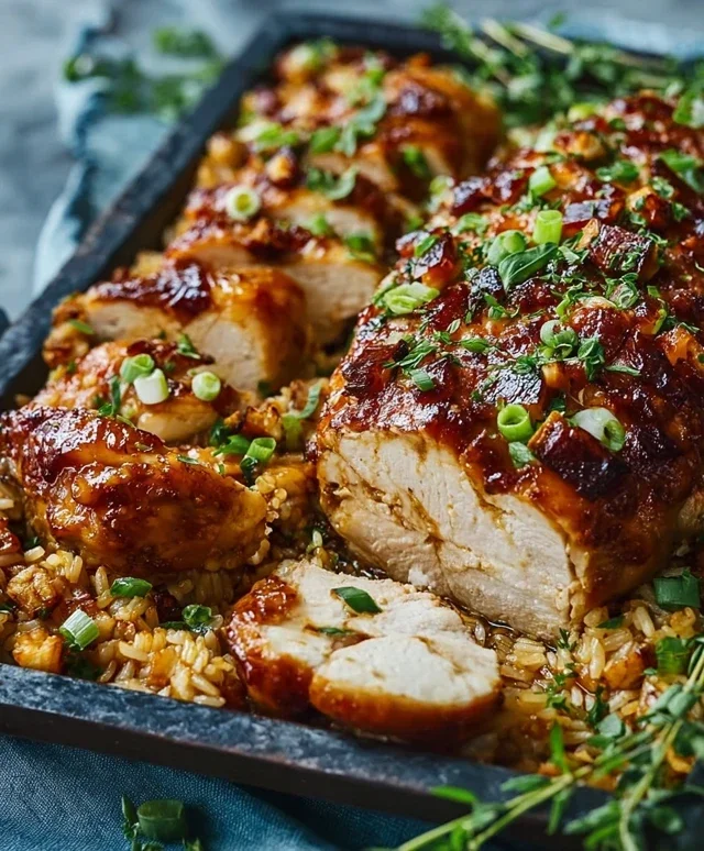 Klebriges Hähnchen mit Bratreis Auflauf einfach zubereiten