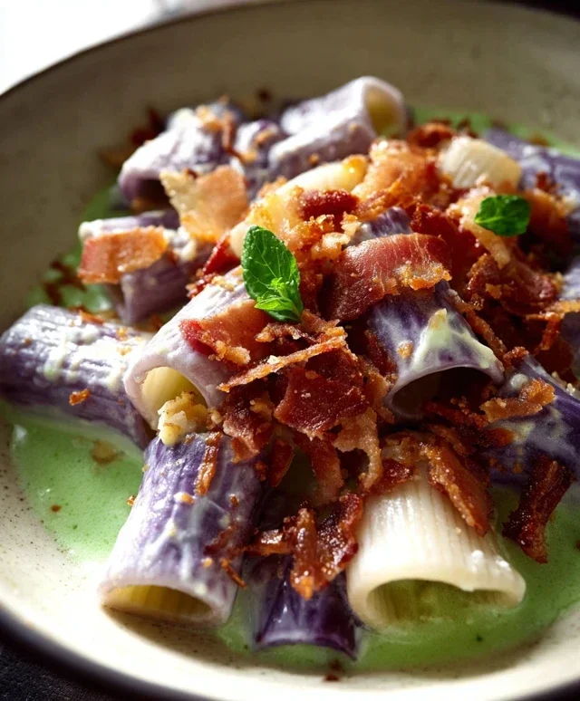 Mezze maniche con cavolo cappuccio viola, crema di pecorino e speck croccante