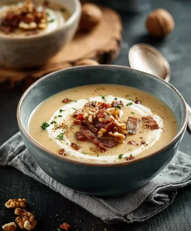Maronensamtsuppe mit Gewuerzspeck Walnuessen