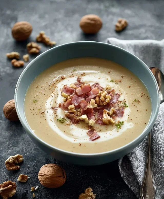 Maronensamtsuppe mit Gewuerzspeck Walnuessen