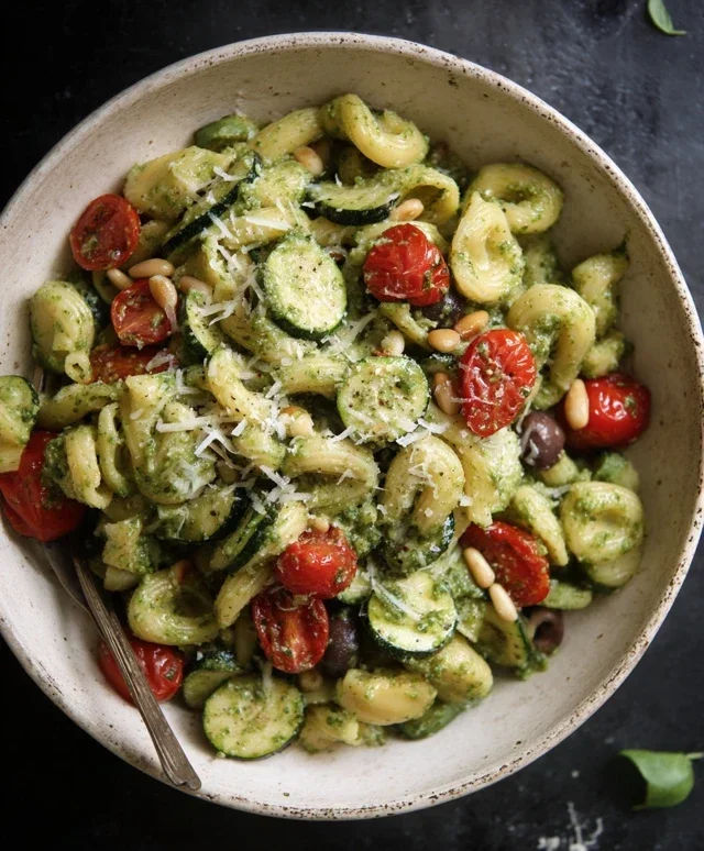 Pasta fredda con pesto di basilico, zucchine, pomodorini, olive e pinoli