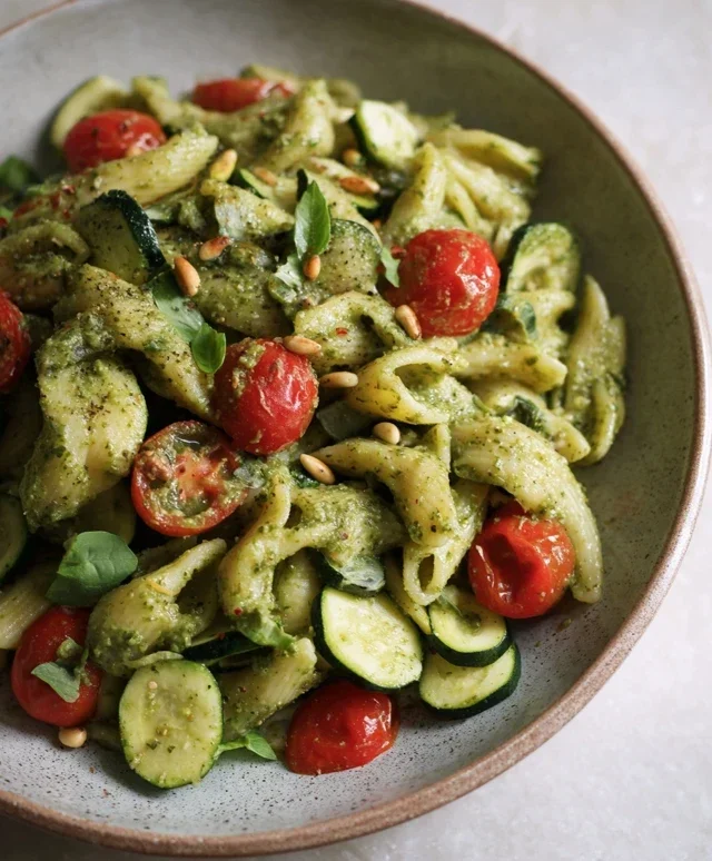Pasta fredda con pesto di basilico, zucchine, pomodorini, olive e pinoli