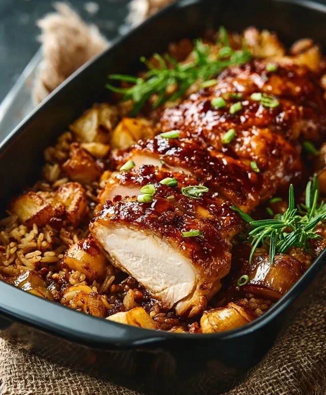 Klebriges Hähnchen mit Bratreis Auflauf einfach zubereiten