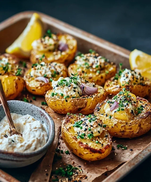 Knusprige Ofenkartoffeln mit Sesamquark