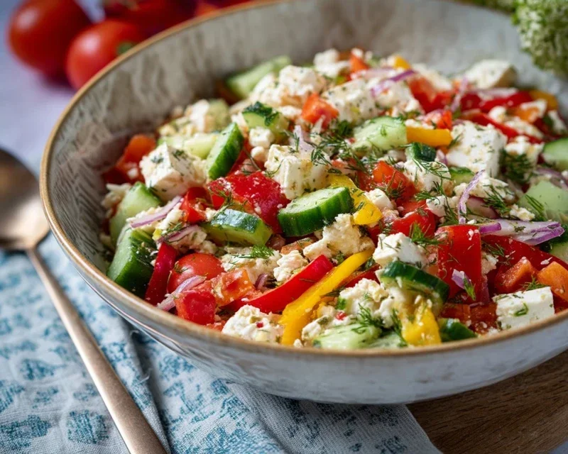 Mediterraner Reissalat mit Feta, Gurken und Paprika