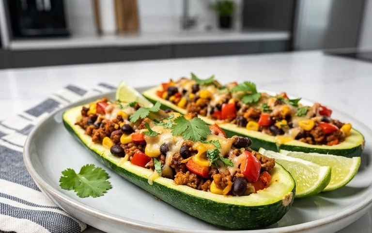 Gefüllte Zucchini-Schiffchen nach mexikanischer Art (Low Carb, Vegan)