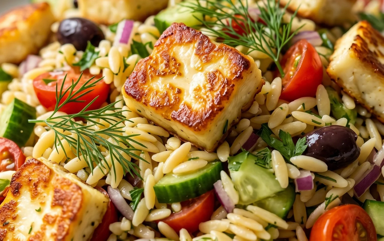 Kritharaki-Salat mit Halloumi-Croutons