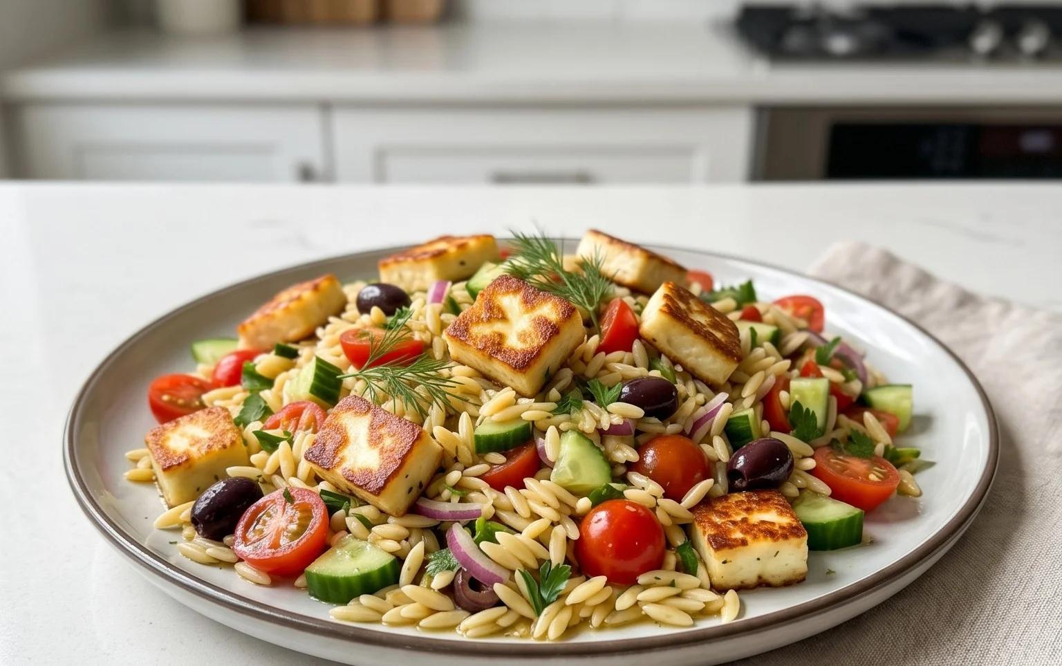 Kritharaki-Salat mit Halloumi-Croutons