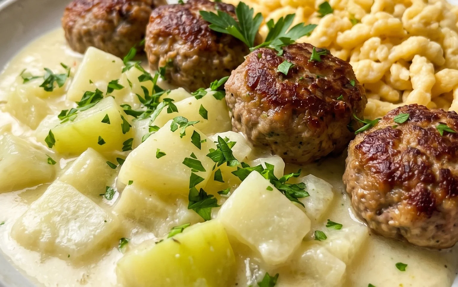 Kohlrabigemüse in heller Soße mit Frikadellen und Spätzle