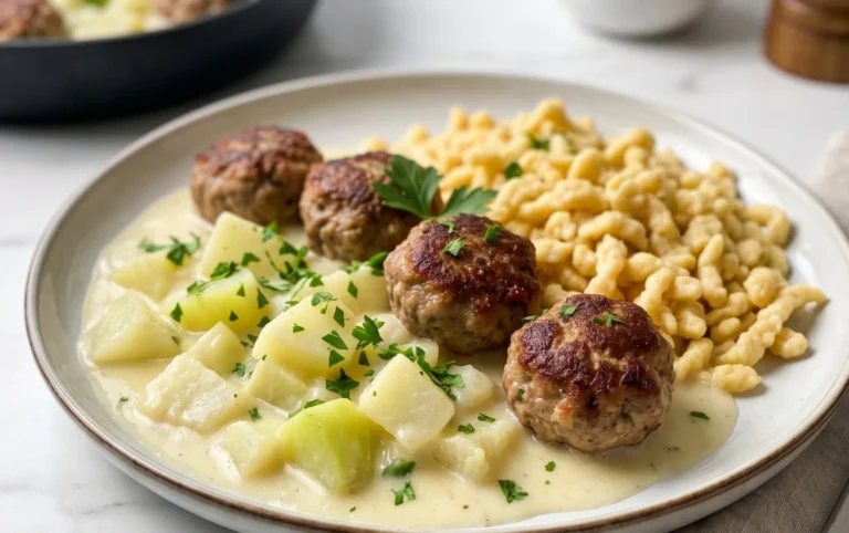 Kohlrabigemüse in heller Soße mit Frikadellen und Spätzle