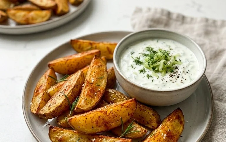 Kartoffelspalten mit Gurkendip