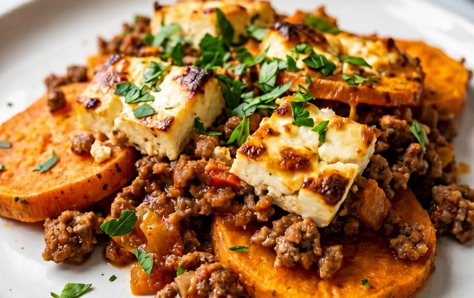 Süßkartoffel-Hackfleisch-Auflauf mit Feta