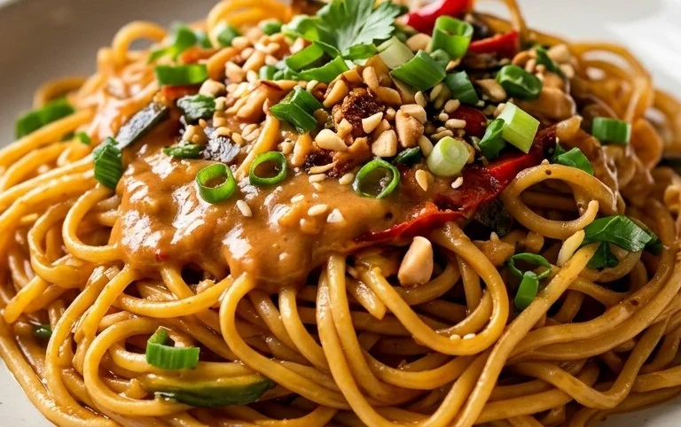 Mie Nudeln mit Erdnusssauce und Gemüse