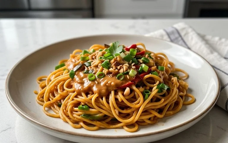 Mie Nudeln mit Erdnusssauce und Gemüse
