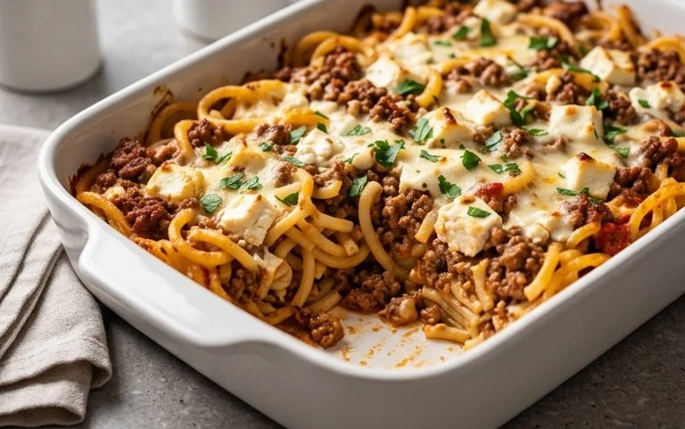 Griechischer Nudel-Auflauf mit Feta und Hackfleisch