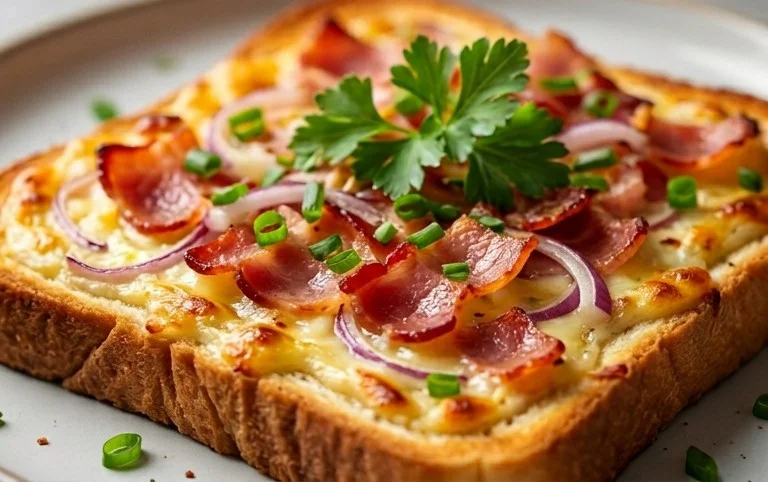 Flammkuchen Toast mit Speck und Zwiebeln