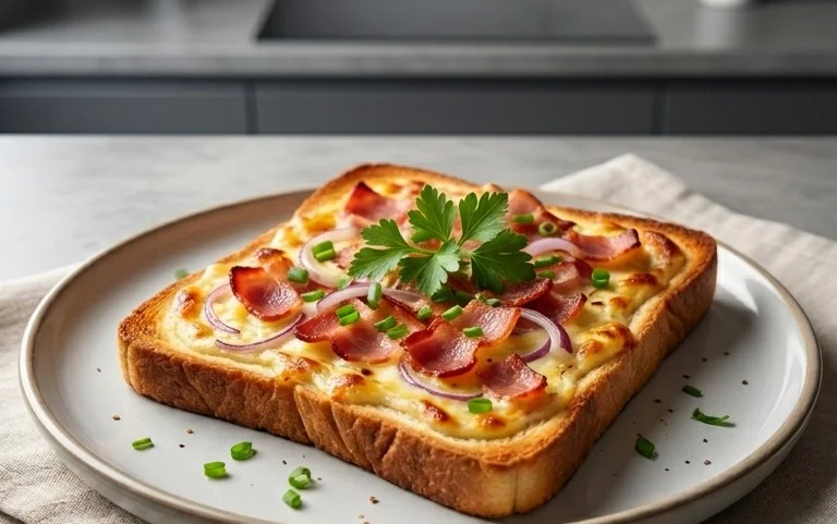 Flammkuchen Toast mit Speck und Zwiebeln