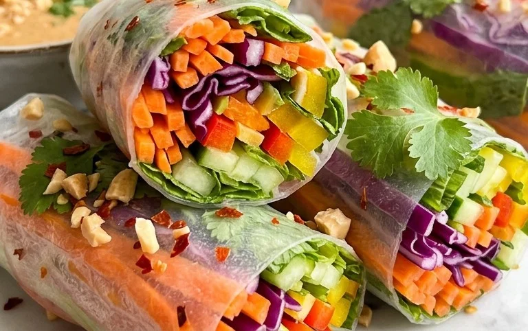 Rainbow Spring Rolls with Gin Extractger Peanut Sauce