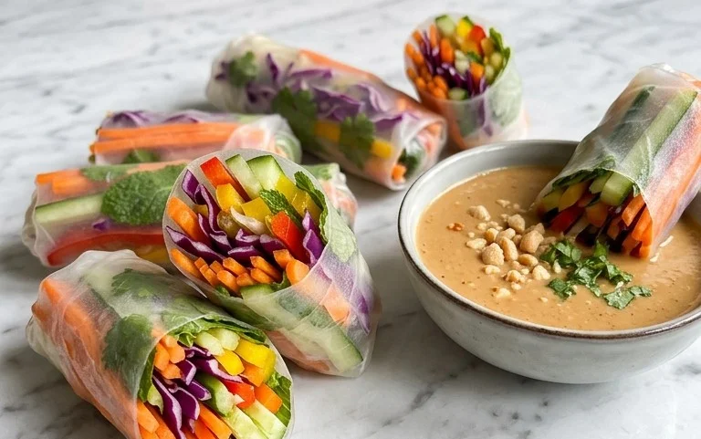 Rainbow Spring Rolls with Gin Extractger Peanut Sauce