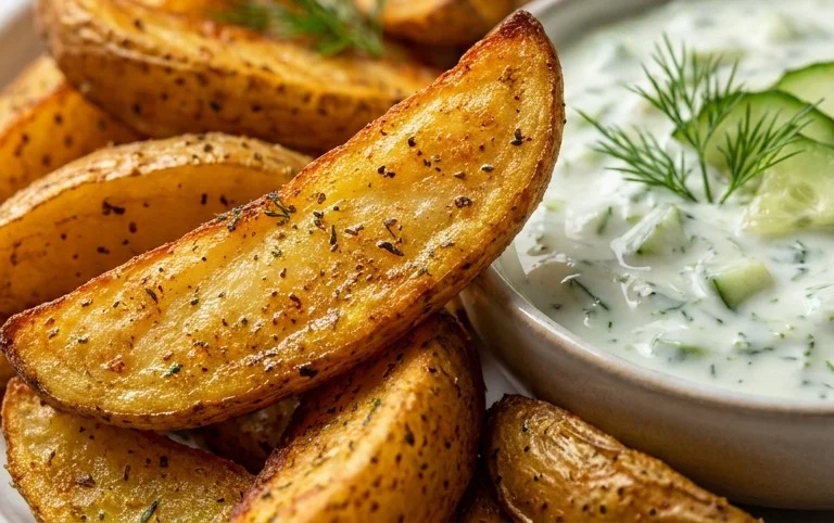 Kartoffelspalten mit Gurkendip