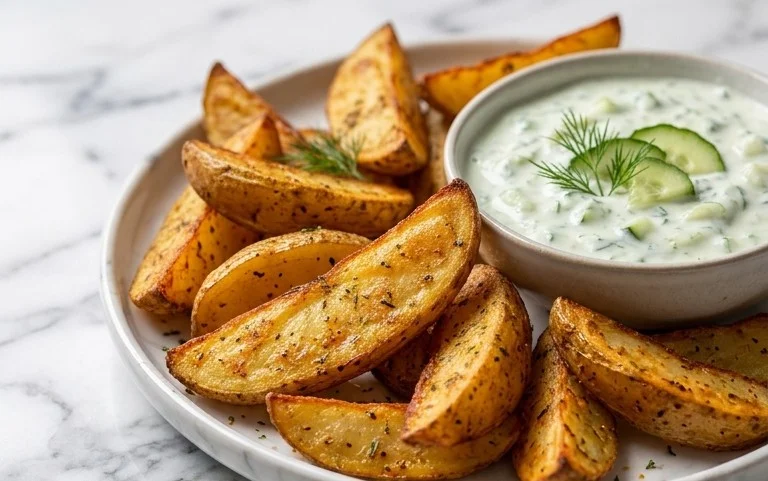 Kartoffelspalten mit Gurkendip