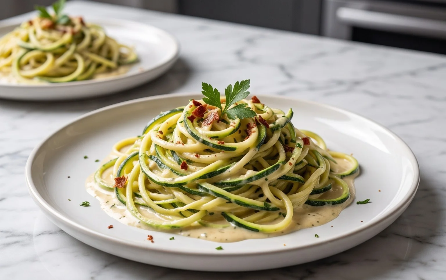 Zucchini-Spaghetti in cremiger Sauce– Zoodles