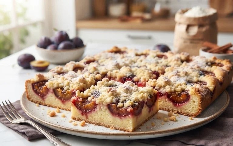 Pflaumenkuchen mit Streusel vom Blech (Quark-Öl-Teig)