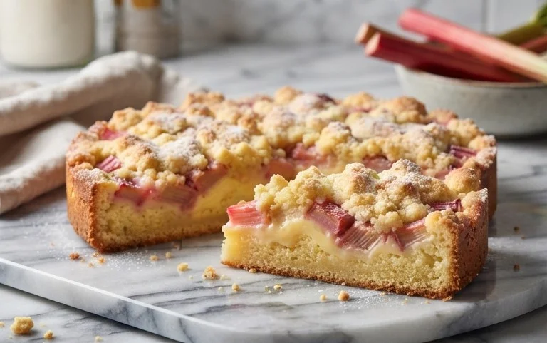 Rhabarberkuchen mit Pudding und Streuseln – wie von Oma