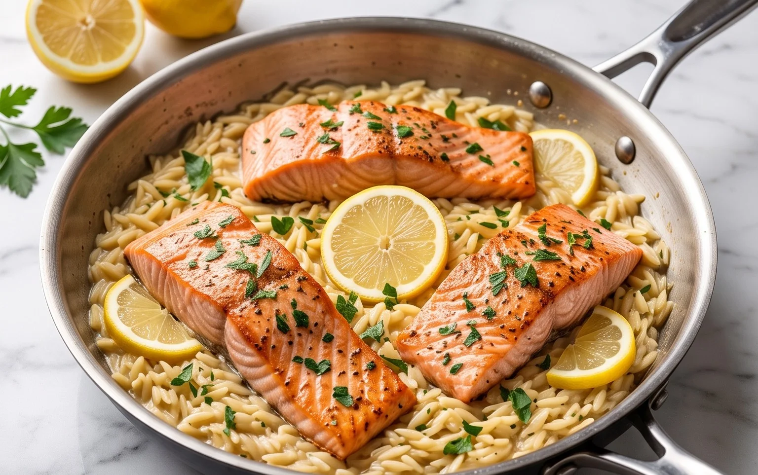 One Skillet Salmon with Lemon Orzo