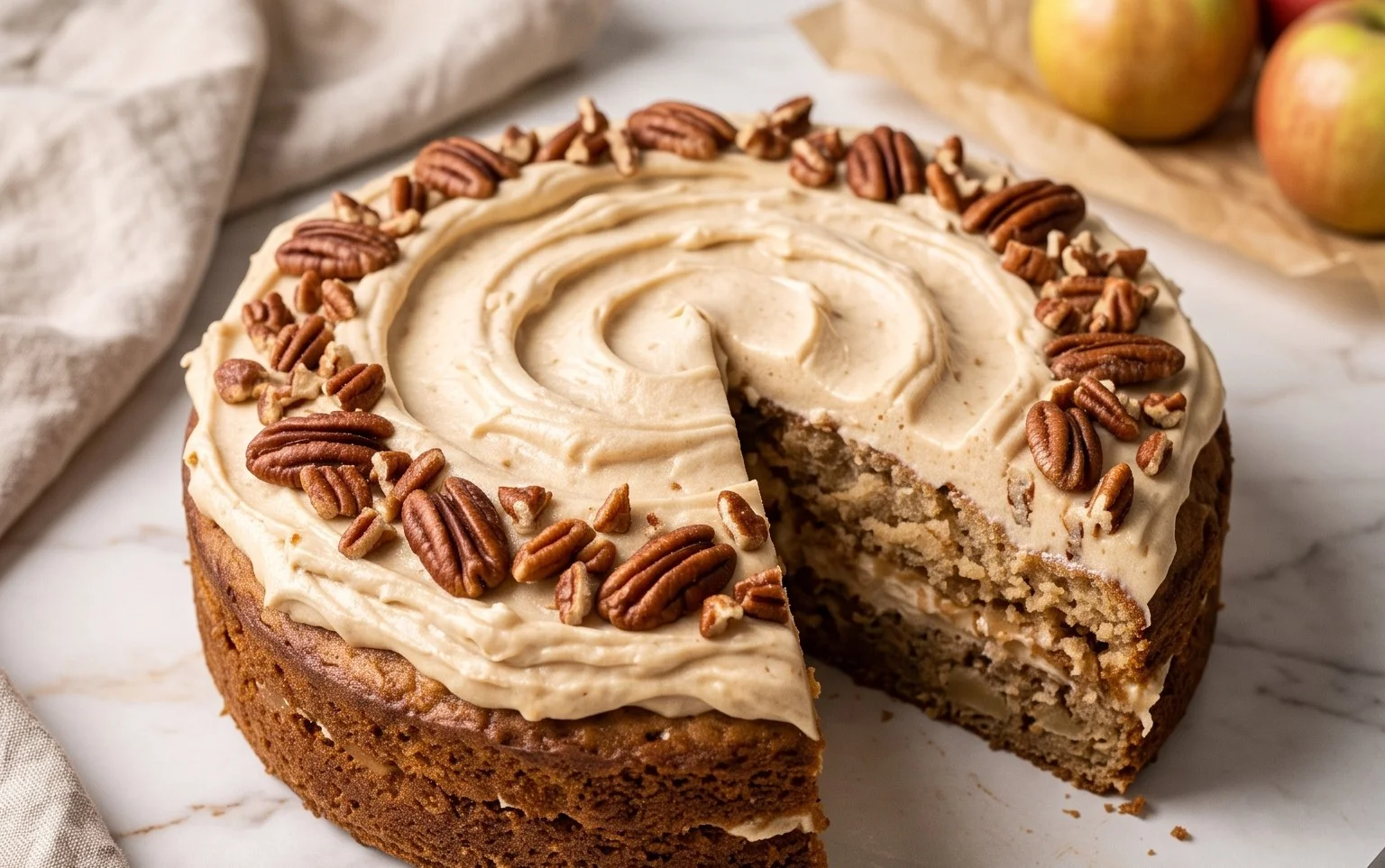 Apfelkuchen mit Ahorn-Buttercreme & Pekannüssen