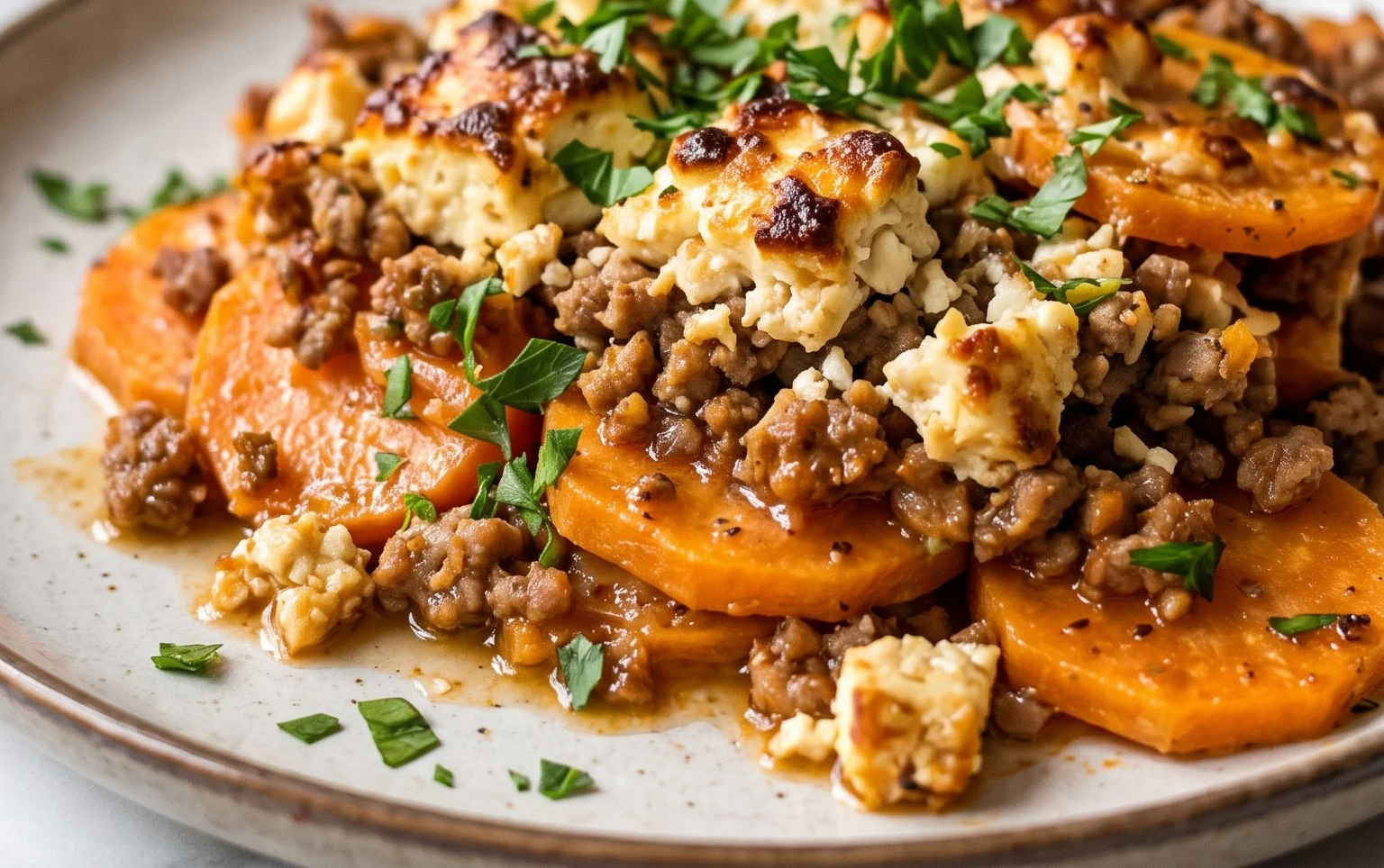 Süßkartoffel-Hackfleisch-Auflauf mit Feta